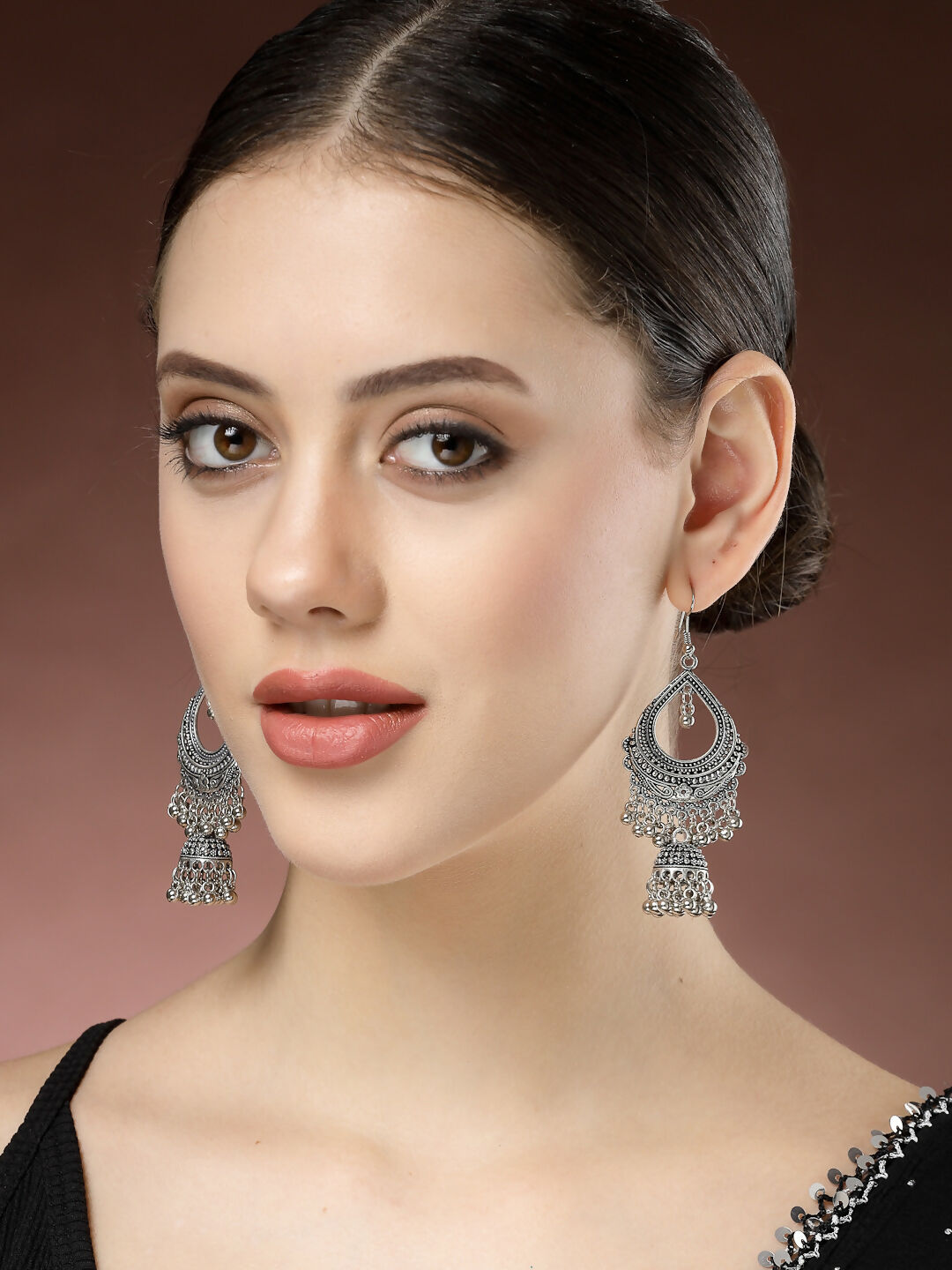 NVR Women's Silver-Plated German Silver Oxidized Jhumka Earrings | Swadesiicart