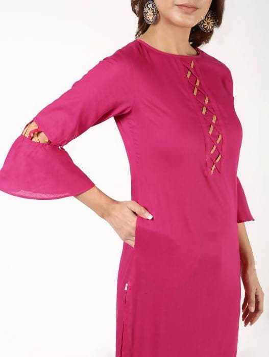Aniyah Cotton Criss Cross Bell Sleeves Magenta Straight Kurta (AN-144K) - Swadesiicart