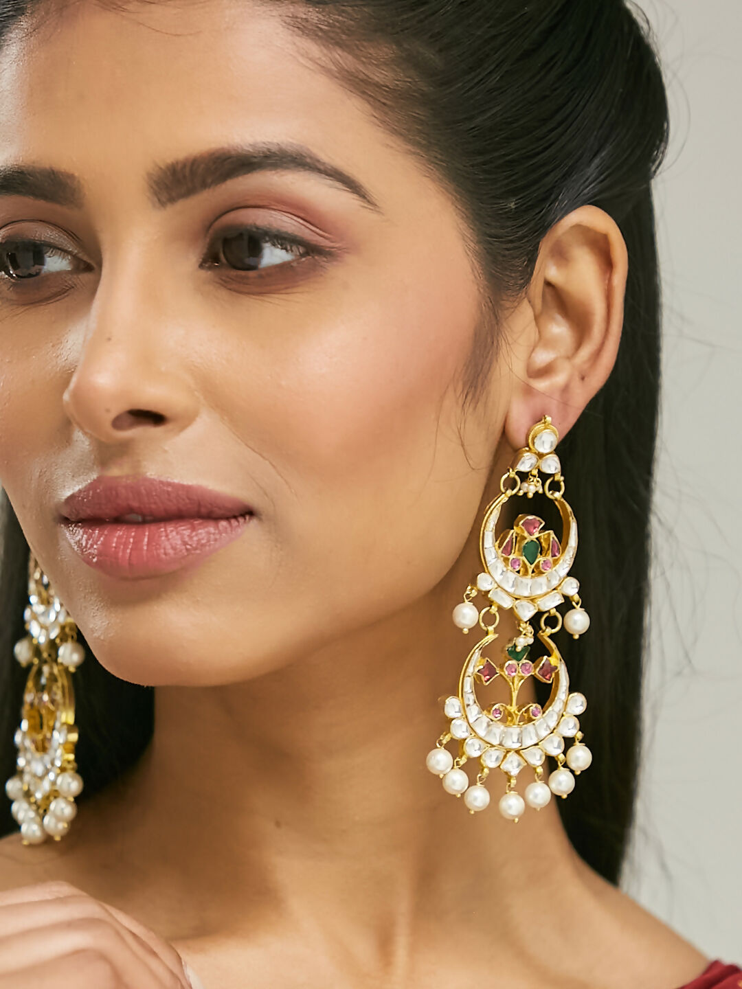 Nuyug 22K Gold-Plated Kundan Studded & Pearl Beaded Layered Chandbalis | Swadesiicart