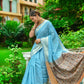 Vishnu Weaves Women's Firozi Linen Cotton Bandhani Woven Saree with Blouse - Swadesiicart