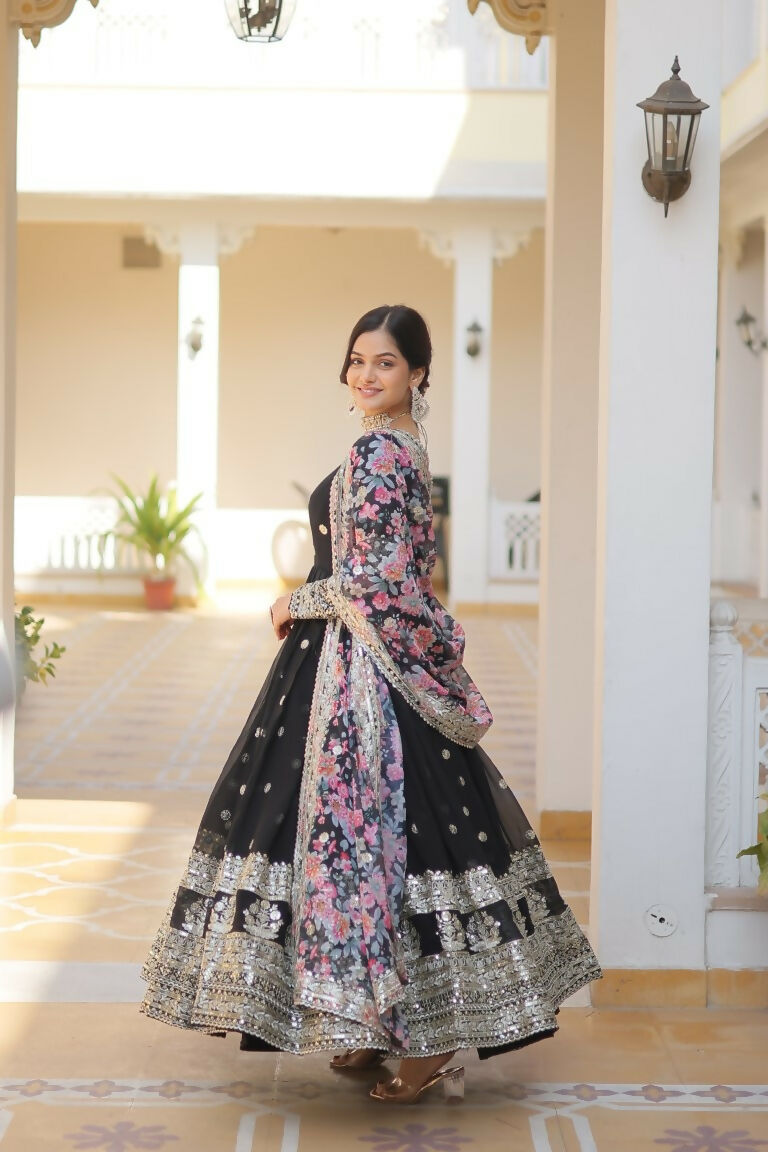 Jyoti Fashion Women's Black Faux Georgette Sequins Zari Embroideredy Anarkali Dress with Dupatta | Swadesiicart