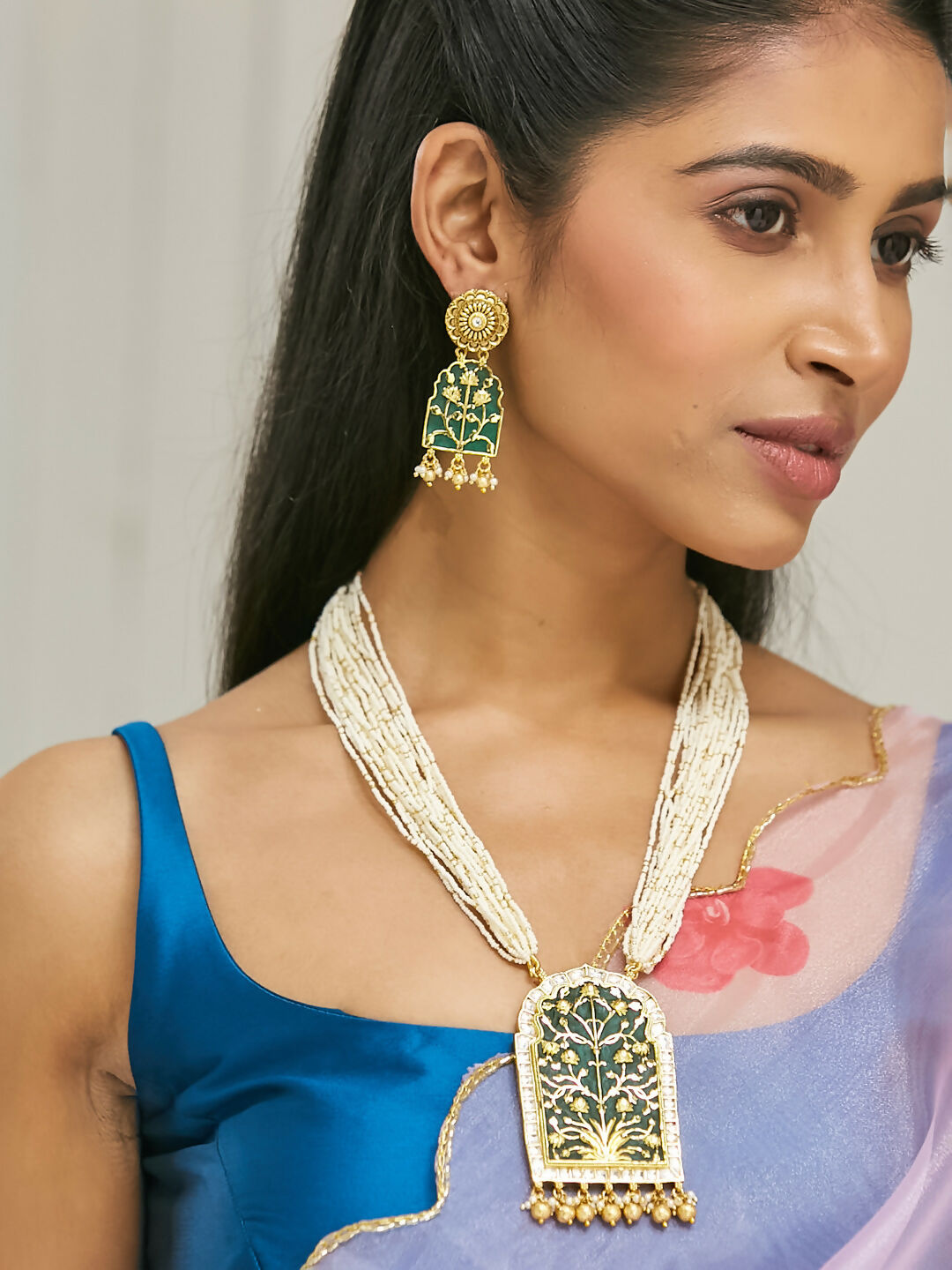 Nuyug 22K Gold-Plated Pearl Beaded Strings Green Enamel Pendant with Floral Motifs Necklace Set | Swadesiicart