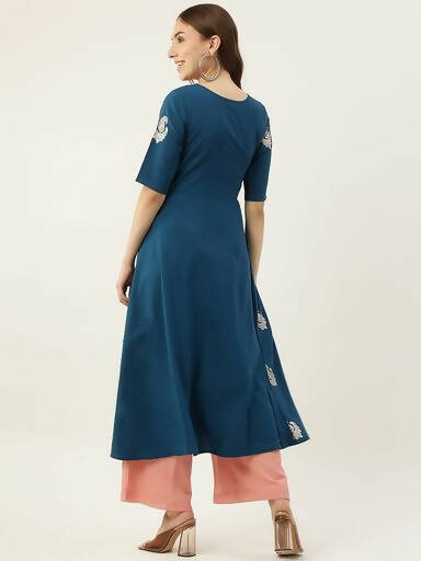 FIORRA Women's Blue Poly Crepe Flared Kurta - Swadesiicart