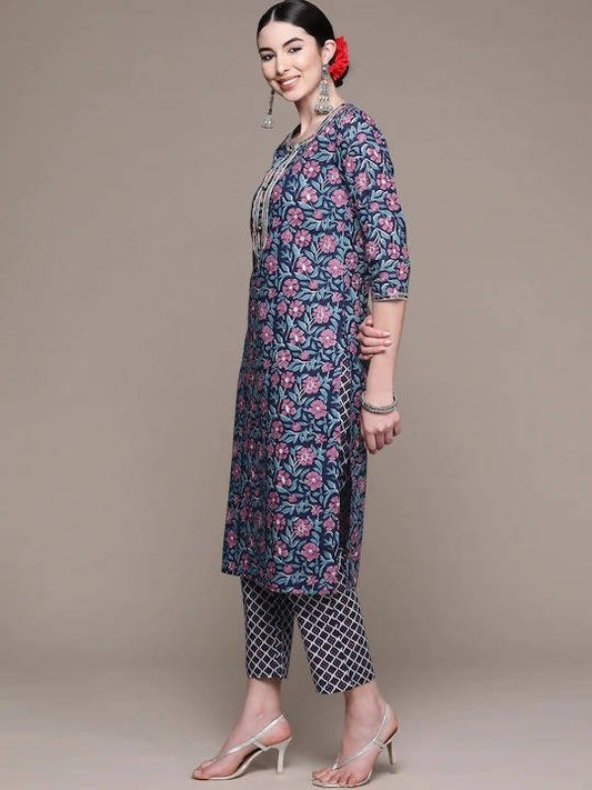 Anubhutee Blue Ethnic Motifs Printed Pure Cotton Kurta with Trousers & Dupatta | Swadesiicart