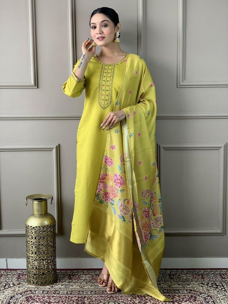 Lemon Viscose chanderi Stitched Suit With Dupatta - Tanisha | Swadesiicart