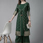 Ahalyaa Womens Dark Green Chanderi Gold Foil Printed Kurta Palazzo Set | Swadesiicart