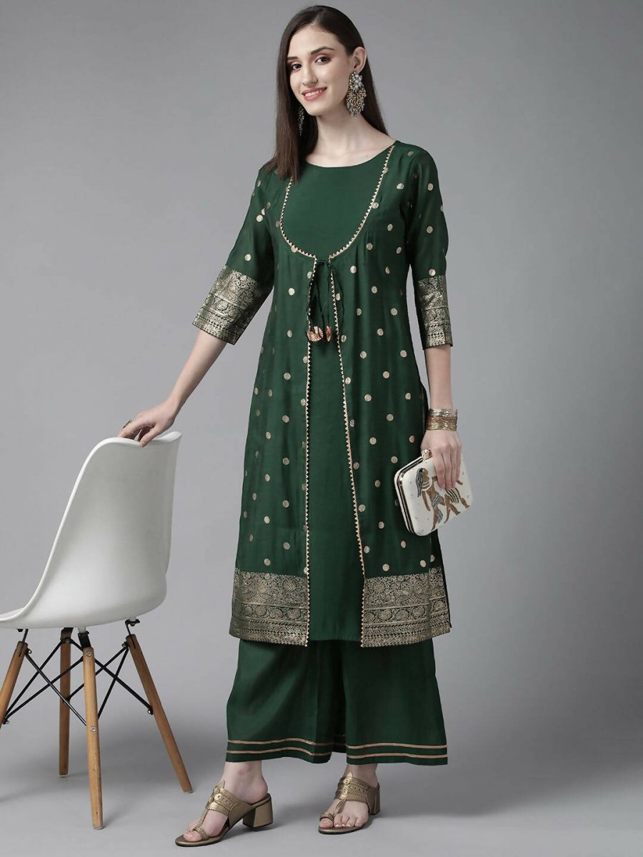 Ahalyaa Womens Dark Green Chanderi Gold Foil Printed Kurta Palazzo Set | Swadesiicart