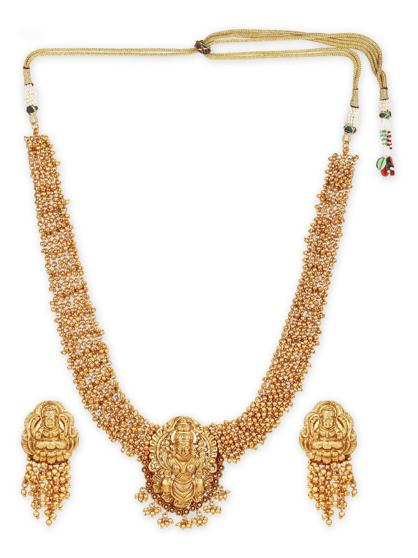 Gold-Polished Pearls Beaded Temple Jewellery Set - Ruby Raang - Swadesiicart