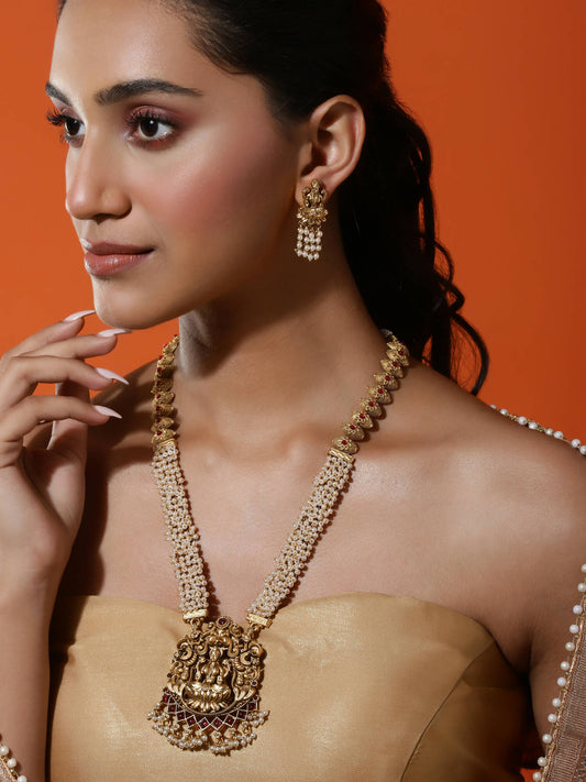 Gold-Polished Pink White Stones-Studded Beaded Jewellery Set - Ruby Raang - Ruby Raang Studio
