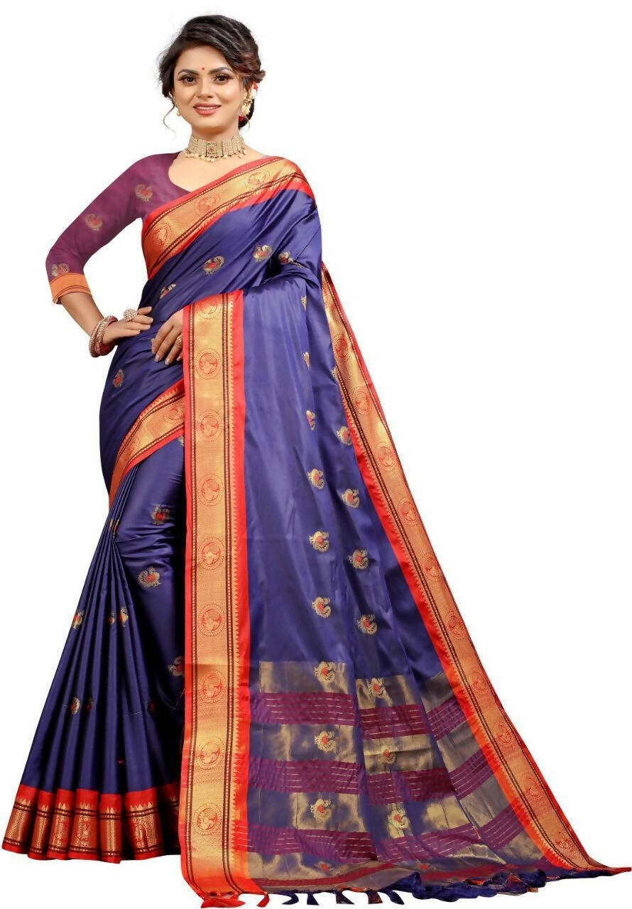 DEIANA'S Beautiful Designer Golden zari Soft Lichi Silk Saree - Purple - Swadesiicart