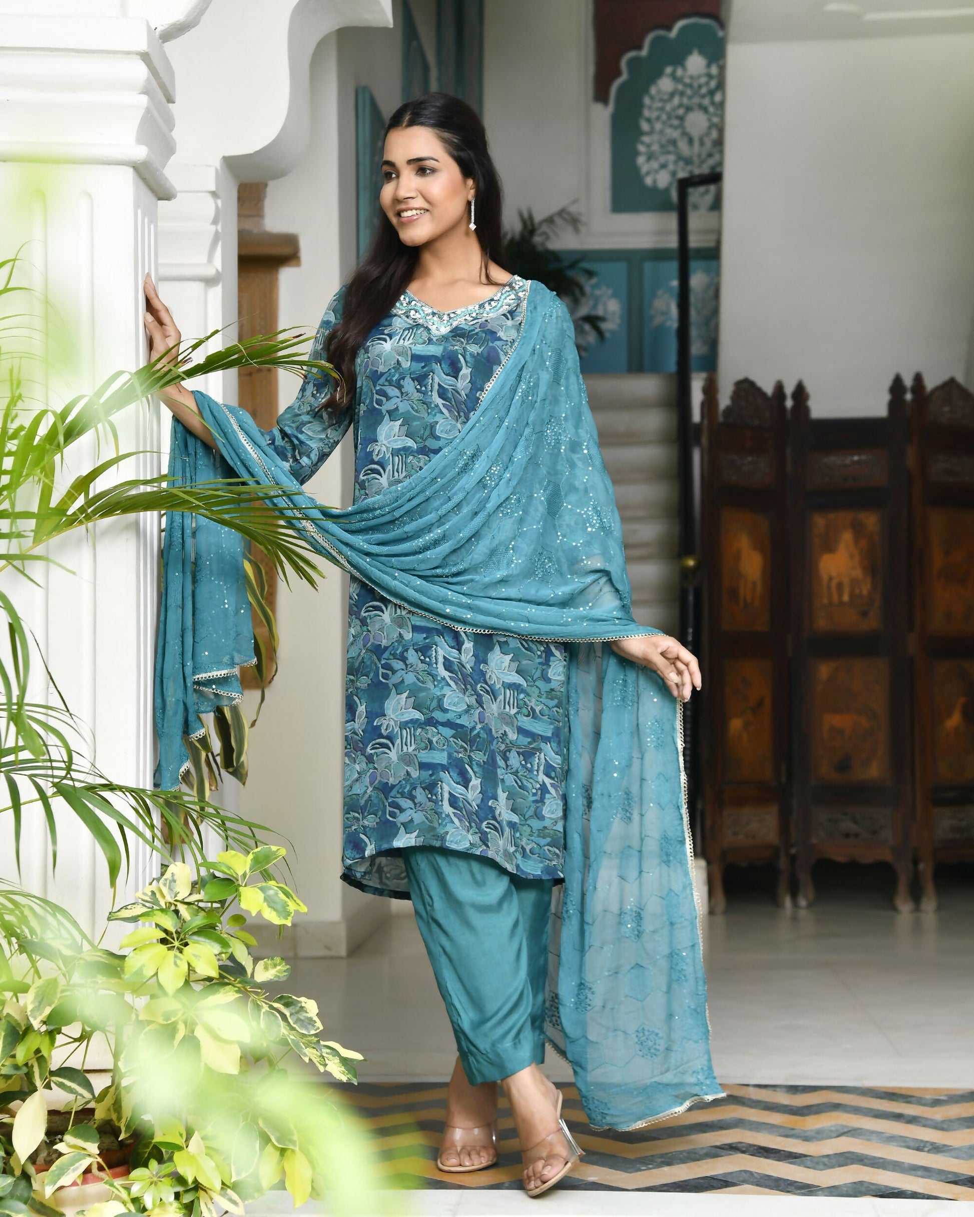 Vaasva Women's Teal Crepe Embroidered Suit Set | Swadesiicart