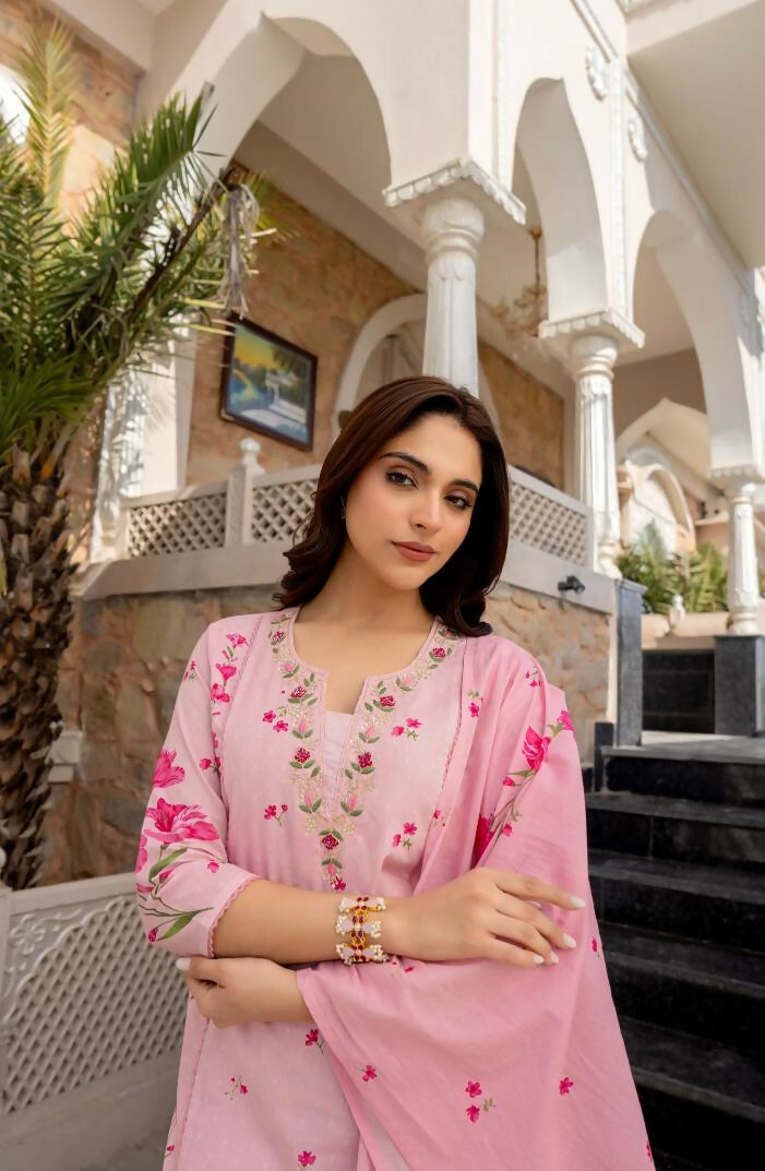 The52 Pink Women's Beautiful Chanderi Fabric Printed Work Straight Kurta Pant and Dupatta Set - Swadesiicart