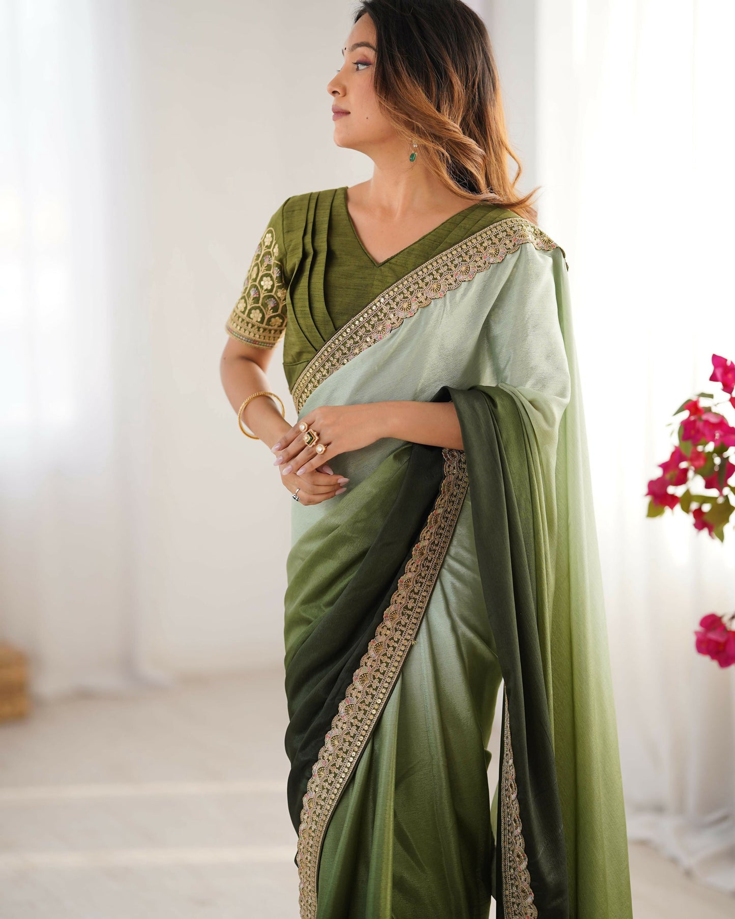 Exclusive Collection Pista Green Party Wear Chinon Salk Saree - Swadesiicart