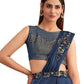 Navy Blue Satin Embroidered Ready To Wear Saree With Unstitched Blouse Piece - Nandika | Swadesiicart