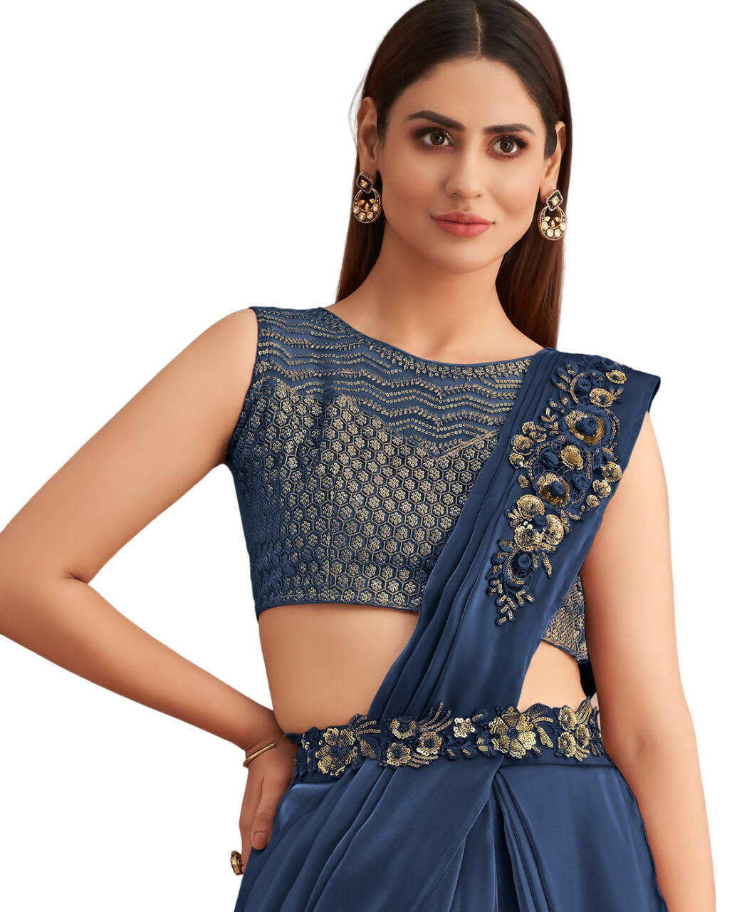 Navy Blue Satin Embroidered Ready To Wear Saree With Unstitched Blouse Piece - Nandika | Swadesiicart
