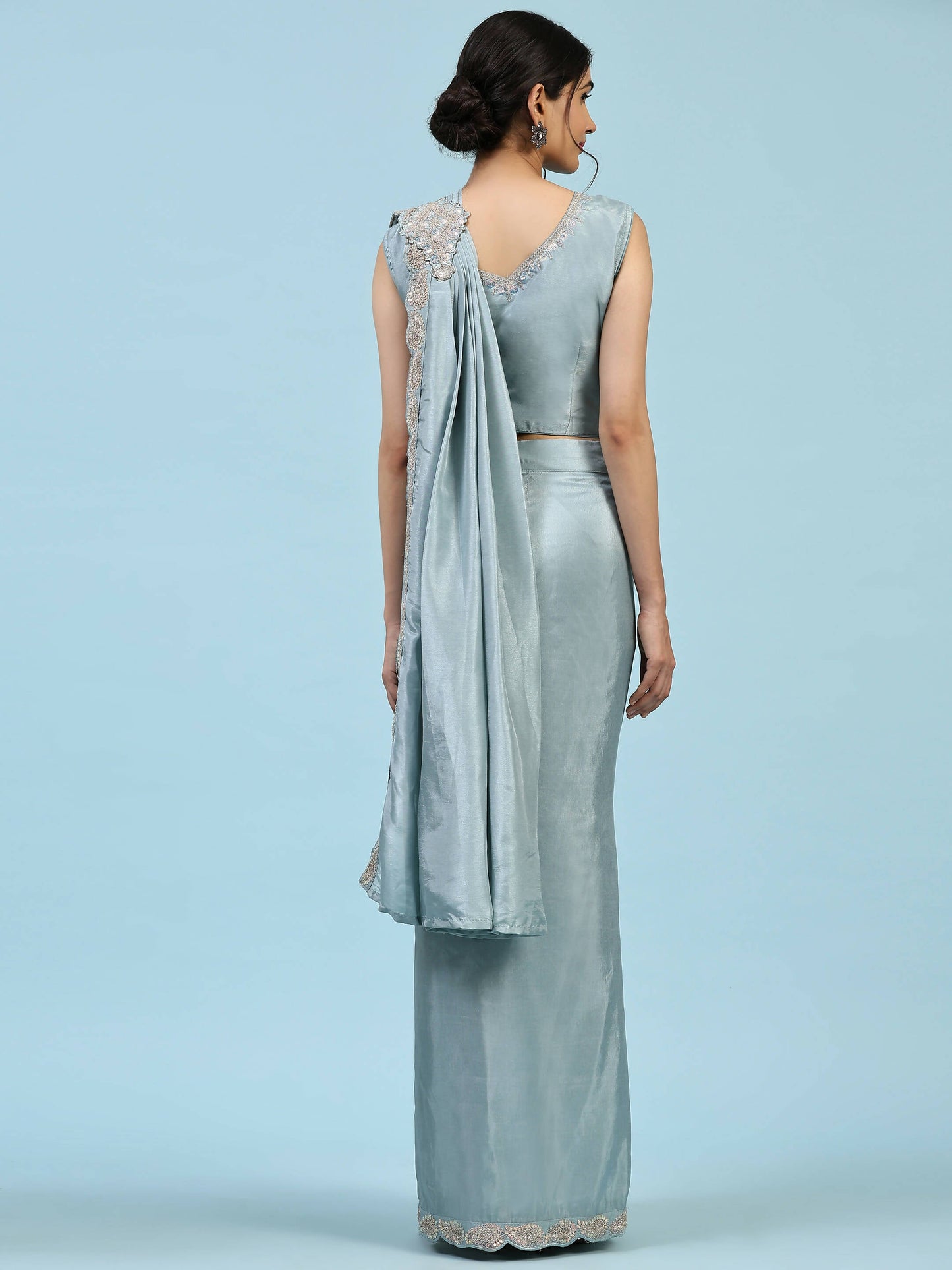 Sky Blue Silk Satin Plain Ready to wear Saree with stitched Blouse - Vrinda | Swadesiicart