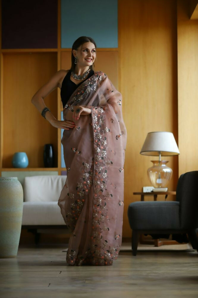 Vamsee Avantika Brown Organza Saree - Swadesiicart