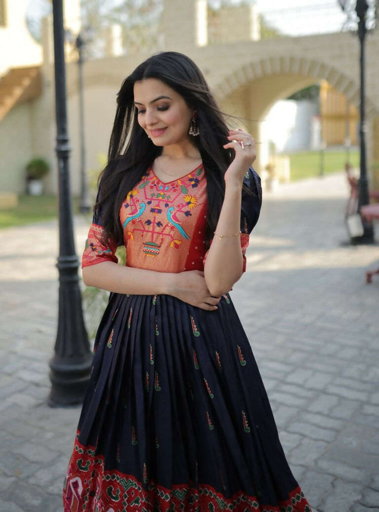 Jyoti Fashion Women's Navy Blue Patola with Foil Print Dola Silk Anarkali Dress | Swadesiicart