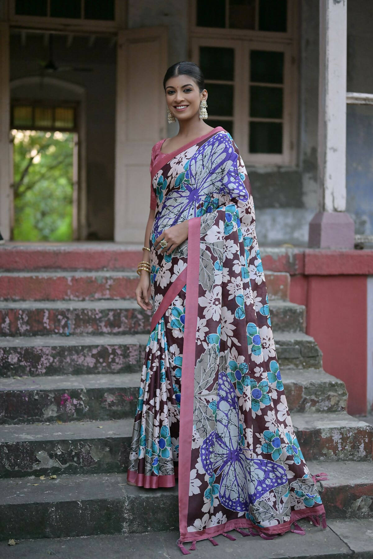 Vishnu Weaves Women's Coffee Cotton Silk Printed Saree with Blouse - Swadesiicart