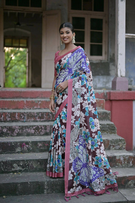 Vishnu Weaves Women's Coffee Cotton Silk Printed Saree with Blouse - Swadesiicart