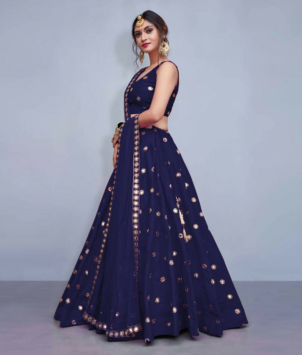 Jyoti Fashion Beautiful Navy Blue Embroidered with Mirror work Art Silk Party Wear Lehenga Choli with Dupatta | Swadesiicart