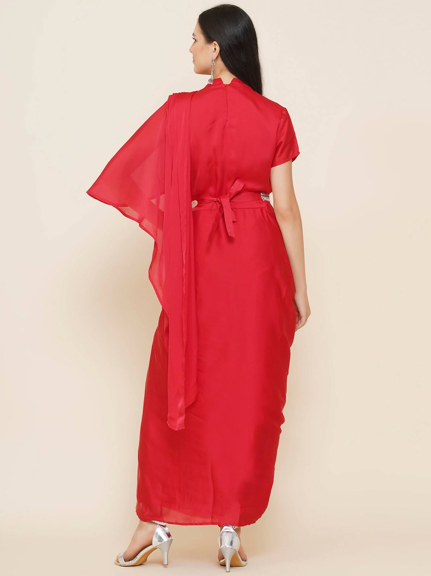Women Republic Red Hand Embelleshed Gown With Drape | Swadesiicart