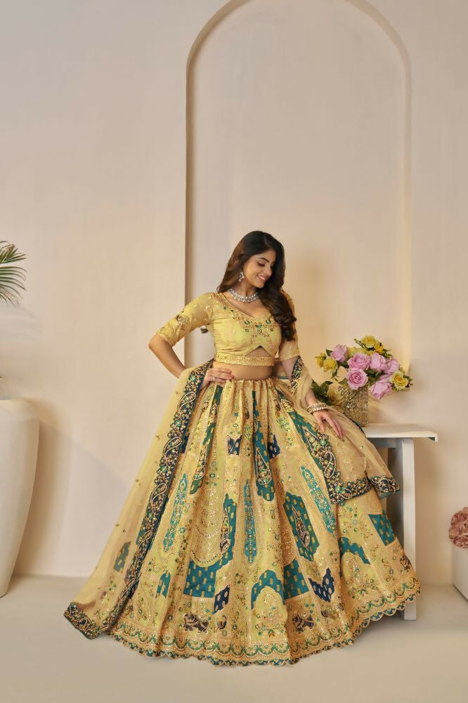 Kesar Fab Yellow Banarasi Silk Embroidered Lehenga | Swadesiicart