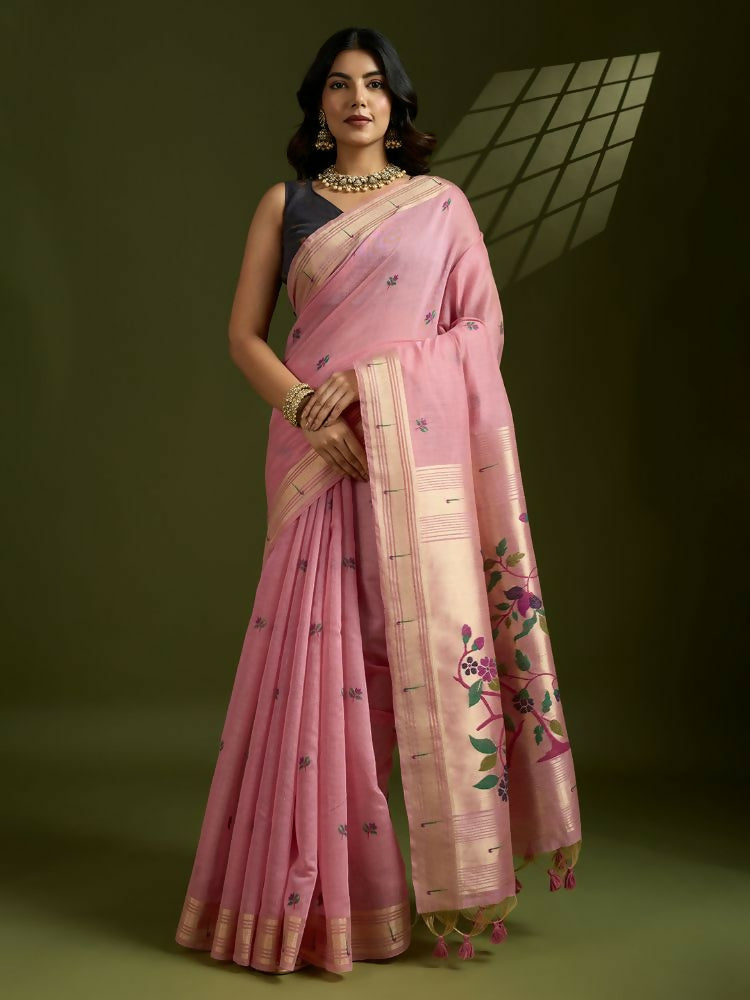 Vishnu Weaves Women's Pink Muga Cotton Thread Woven Butti with Blouse - Swadesiicart