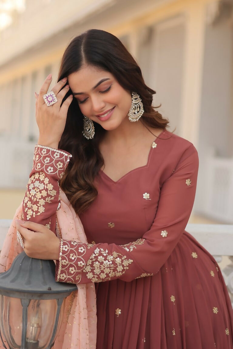 Jyoti Fashion Women's Brown Faux Georgette Sequins Thread Embroidery Anarkali Dress with Dupatta | Swadesiicart