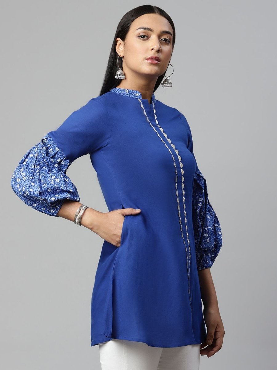 Ahalyaa Women Blue Pure Cotton Printed Tunic | Swadesiicart