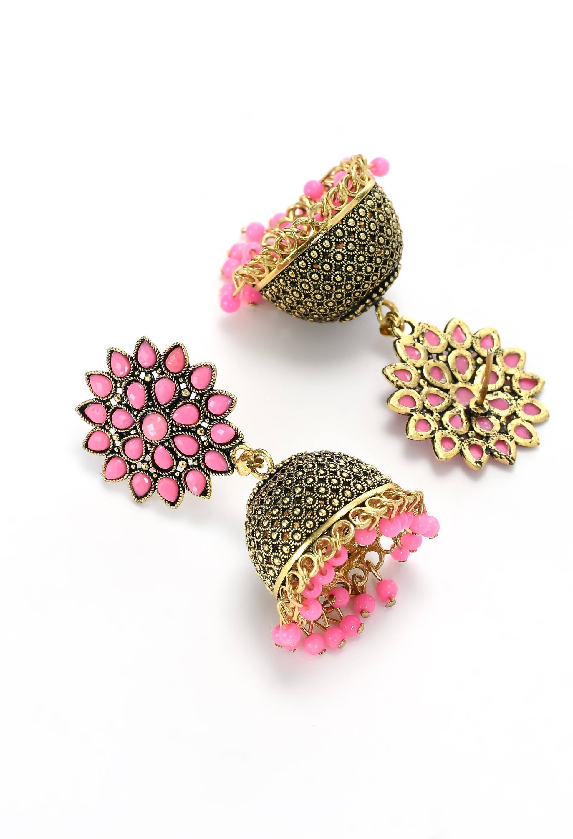 Mominos Fashion Johar Kamal Beautiful Kundan Work Jhumka With Baby Pink Beads - Swadesiicart