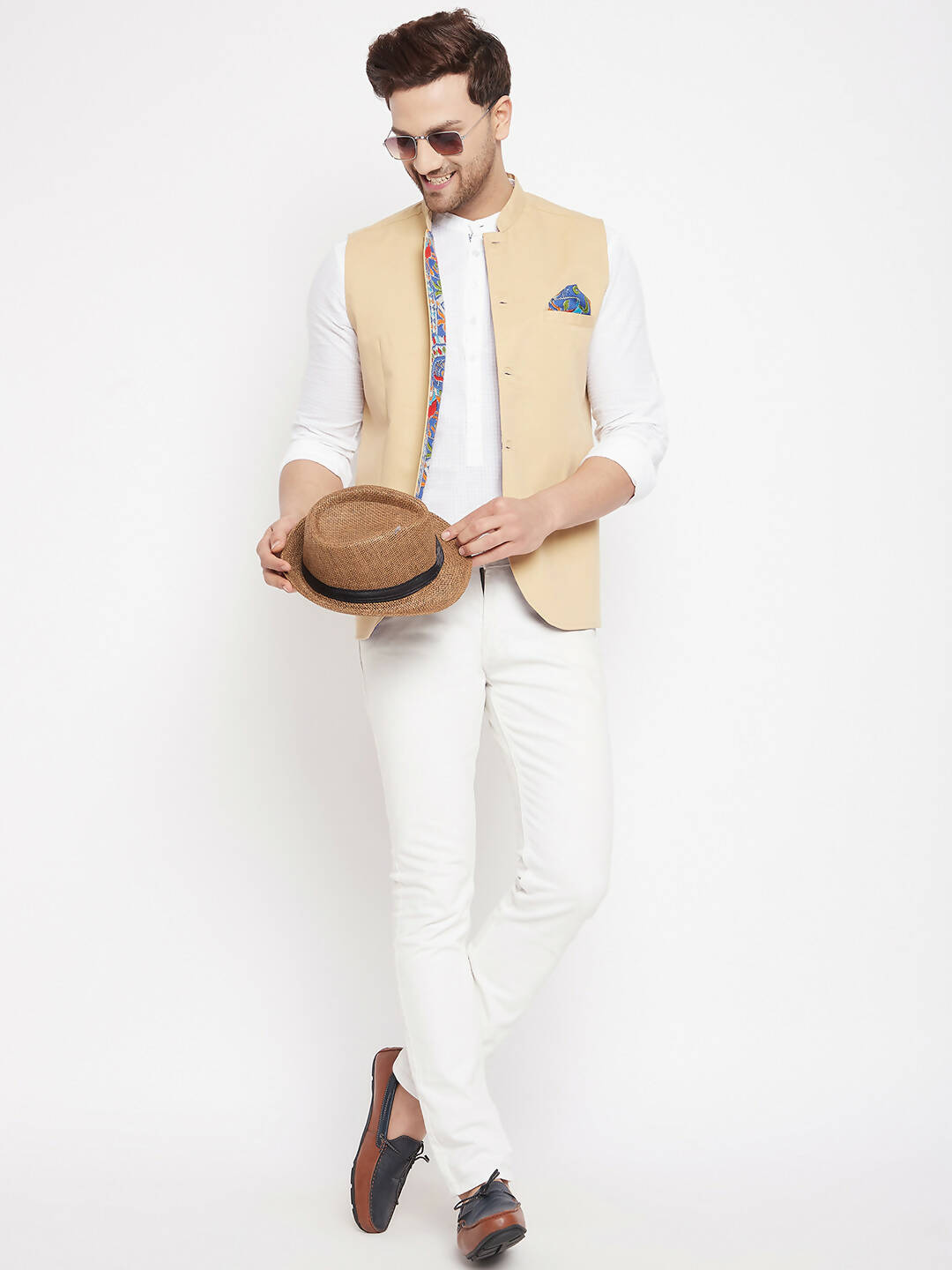 Even Apparels Beige Polyester Men's Nehru Jacket-Contrast Lining-Inbuilt Pocket Square | Swadesiicart
