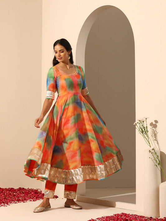 Pomcha Jaipur Orange Gul Rangbirangi Anarkali Set | Swadesiicart