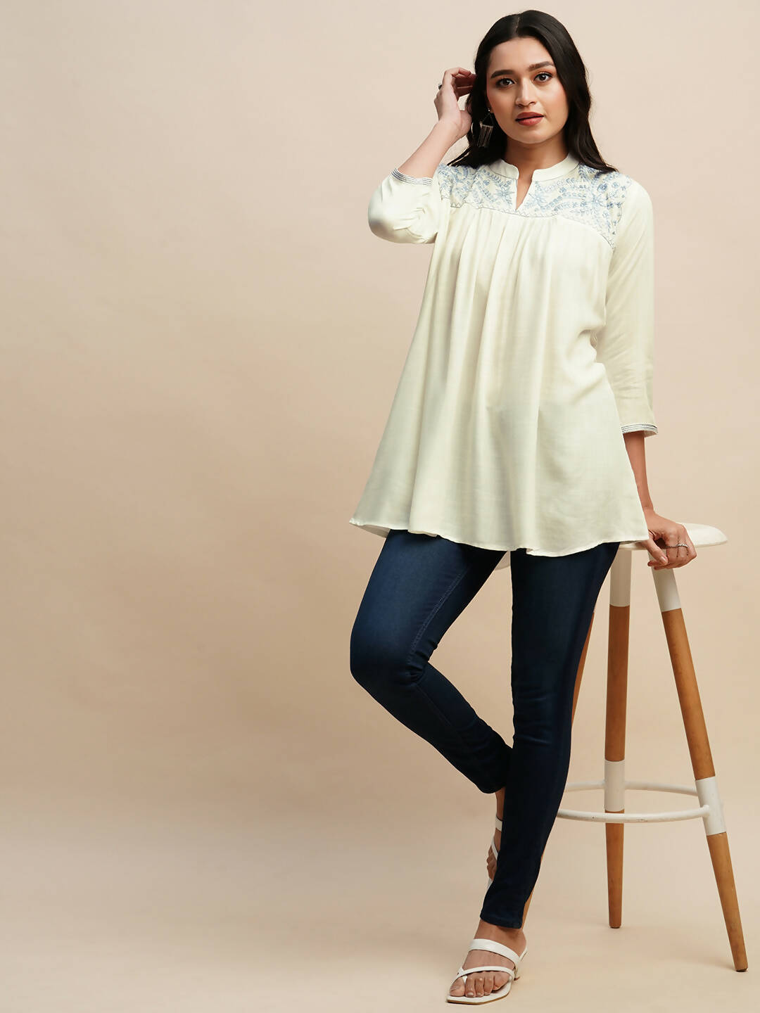 White Rayon Embroidered Top - Tarini - Swadesiicart