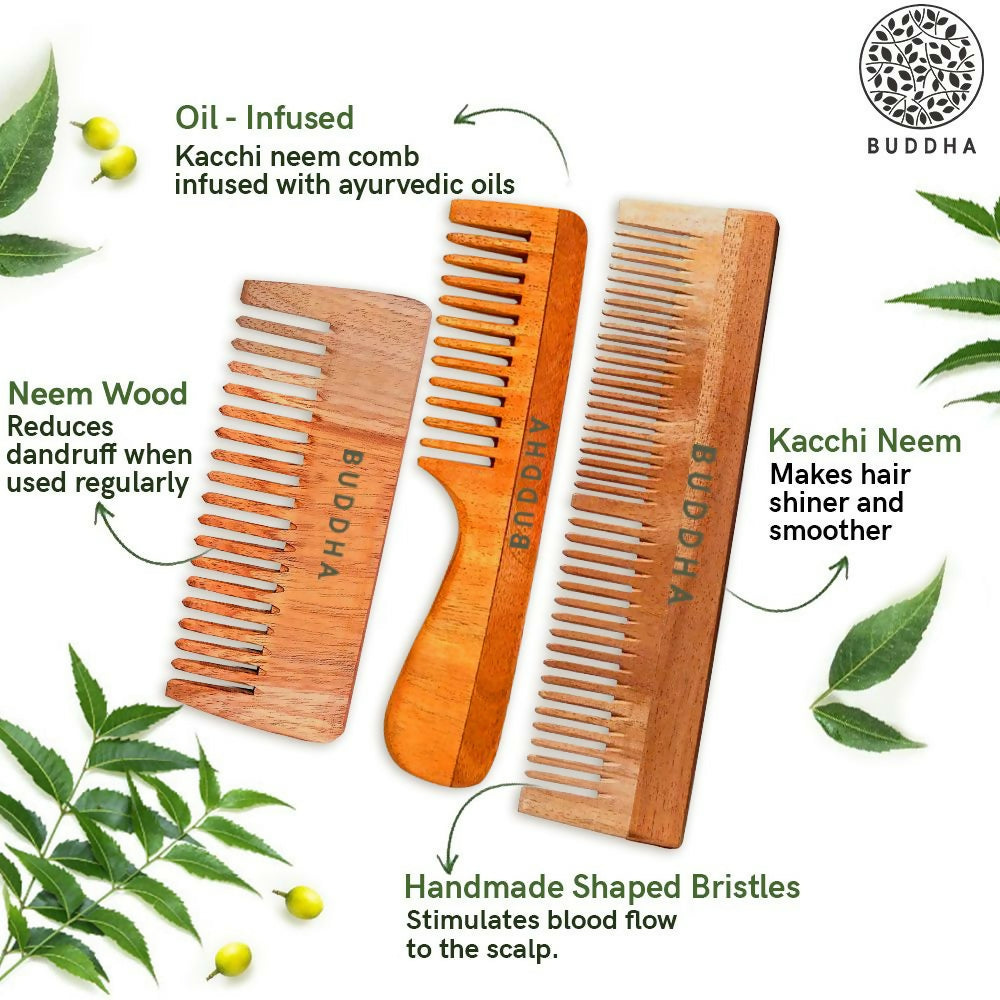 Buddha Natural Beard Kacchi Neem Wooden Comb - Swadesiicart