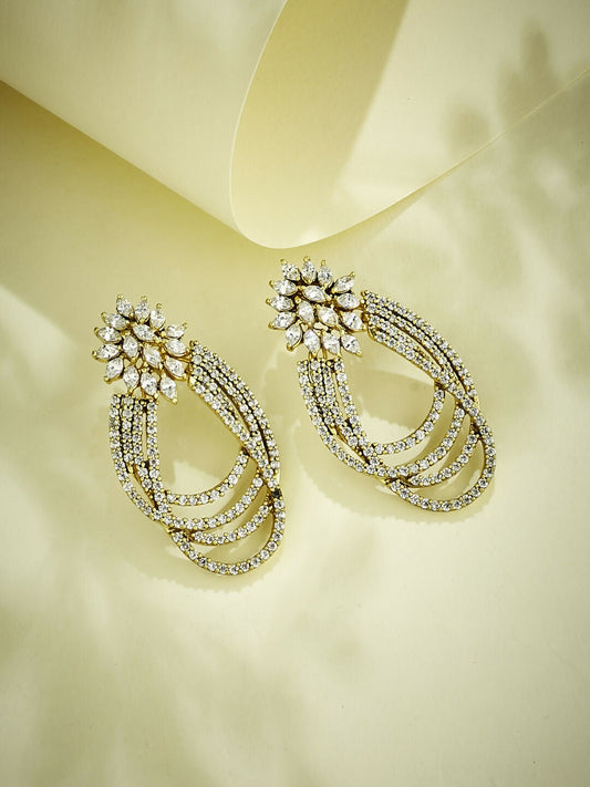 Nuyug 22K Gold-Plated Floral Motif Zircon Stone Studded Teardrop Shaped Elegant Drop Dangler Earrings | Swadesiicart