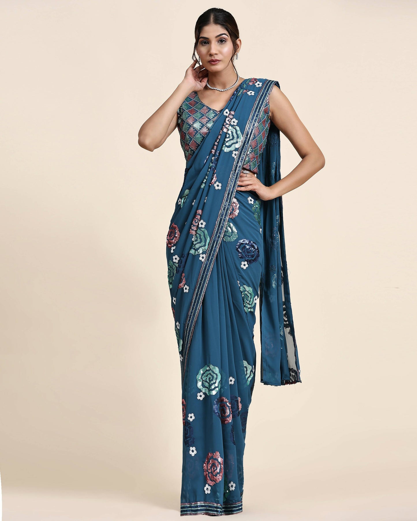 Blue Pure Georgette Sequence work Ready to wear Saree with stitched Blouse - Nirvana | Swadesiicart