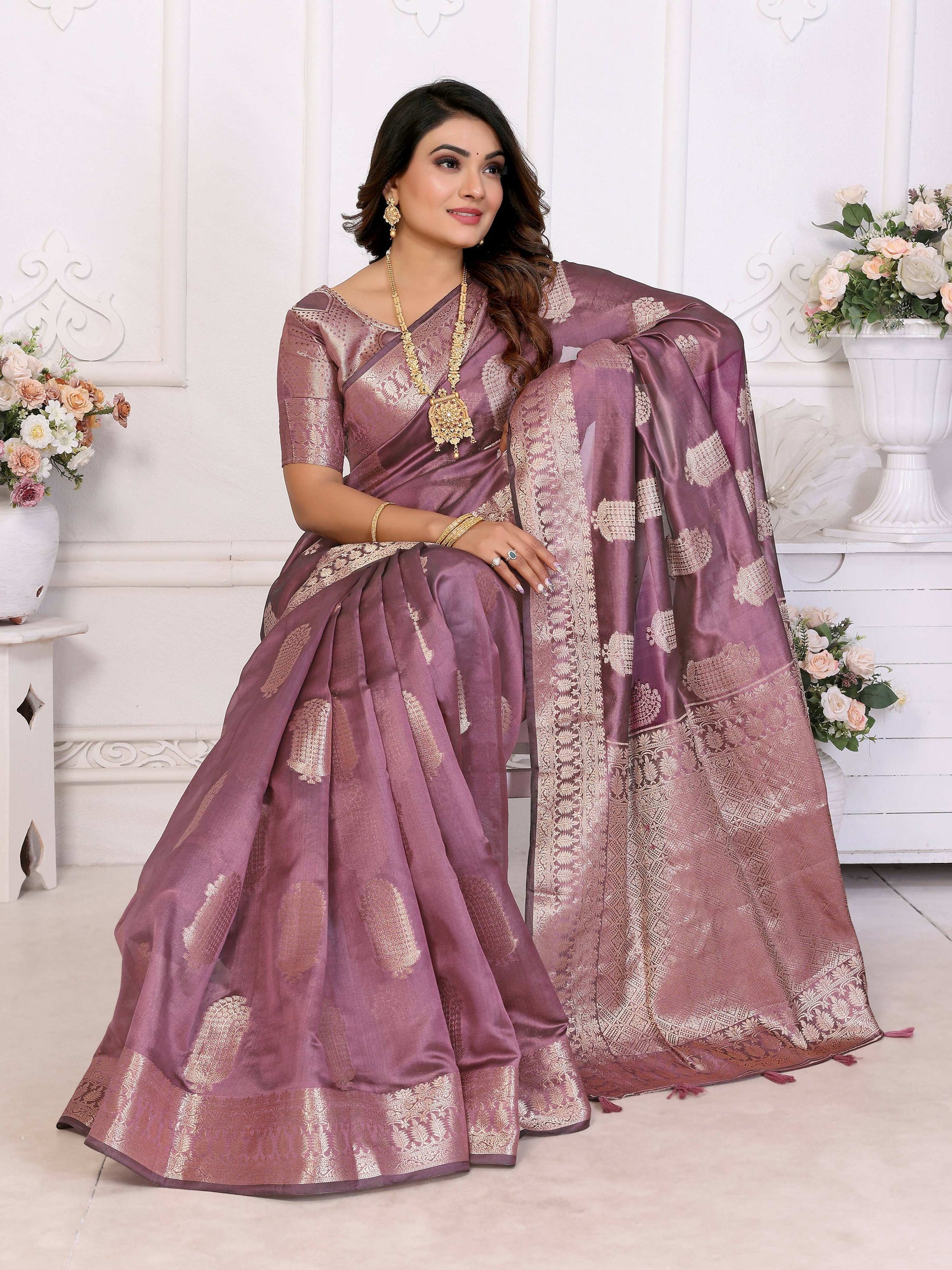 Aastha Fashion Purple Soft Organza Silk Weaving Saree