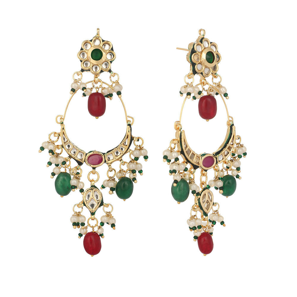 Nuyug 22K Gold Plated Crescent Kundan Drop Green Stone Chandbali Earrings | Swadesiicart