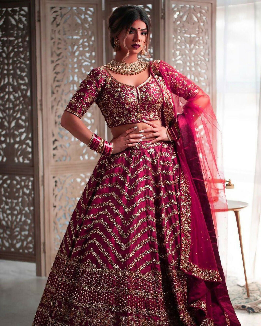 Jyoti Fashion Mesmerizing Red Silk Sequins with Zari Thread & Coding Dori Embroidery work Lehenga Choli with Dupatta | Swadesiicart