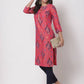 Myshka Women's Pink Printed 3/4 Sleeve Rayon Round Neck Casual Kurta