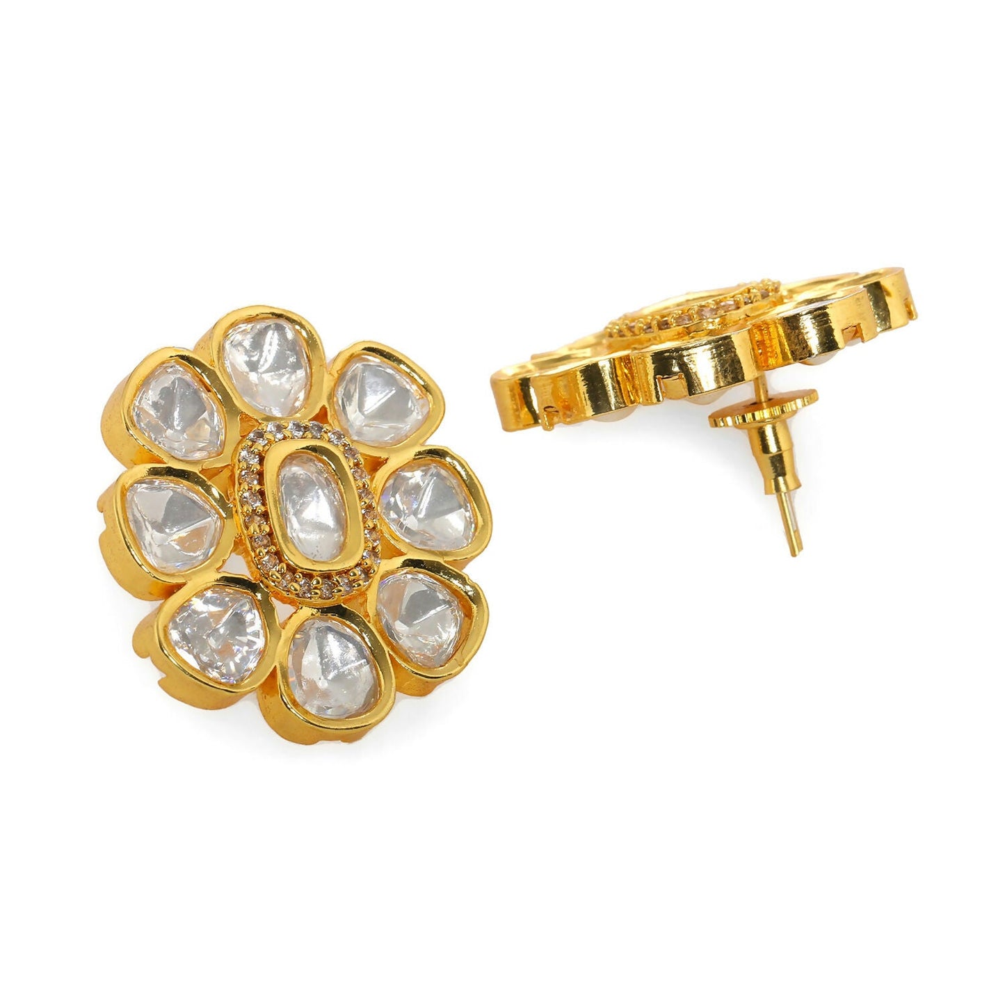 Oversized Round Kundan Studs (Gold) - Ruby Raang - Swadesiicart