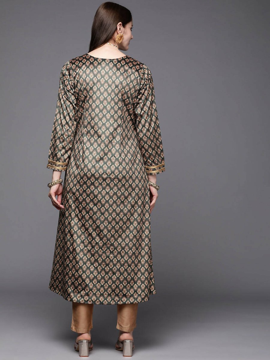 Ahalyaa Women Green & Cream-Coloured Floral Printed Velvet Kurta | Swadesiicart