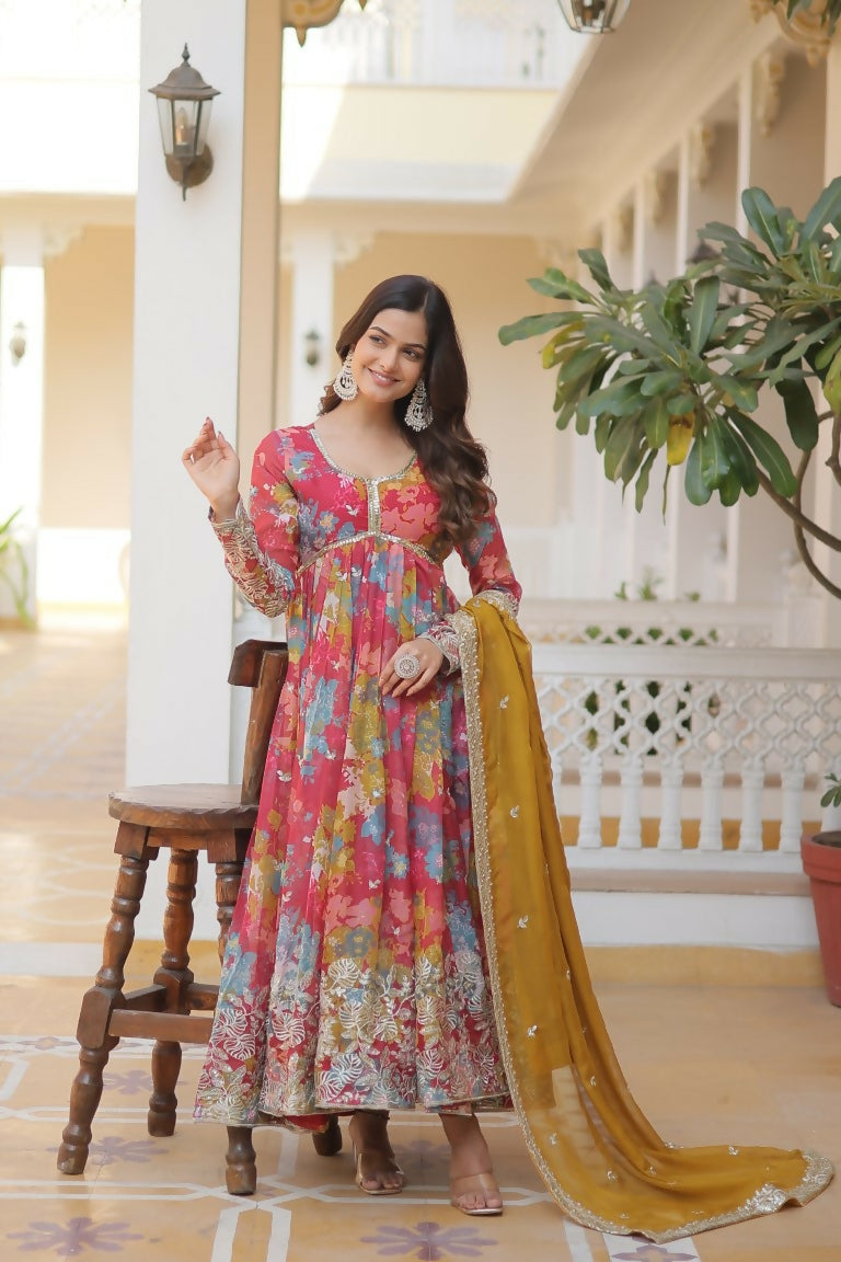 Jyoti Fashion Women's Pink & Yellow Russian Silk Sequins Zari Embroidery Anarkali Dress with Dupatta | Swadesiicart