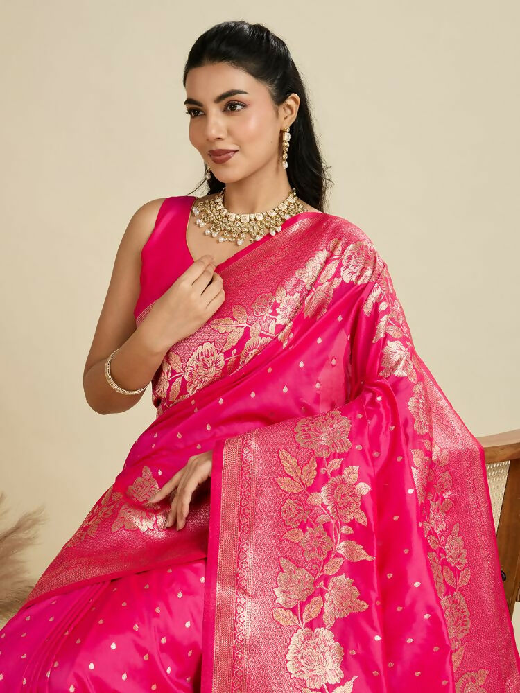 Vishnu Weaves Women's Pink Banarasi Silk Zari Woven Saree with Blouse - Swadesiicart