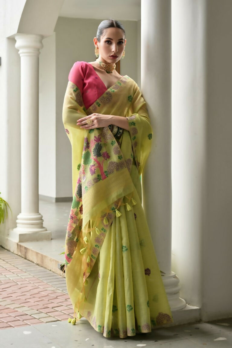 Vishnu Weaves Women's Pista Muga Cotton Thread Weaving Saree with Blouse - Swadesiicart