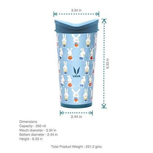 Vaya Drynk Stainless Steel Strawless Silicone Bunnies Print Spout Tumbler With Spill-Proof Pediasafe Lid - 350ml (Blue) | Swadesiicart