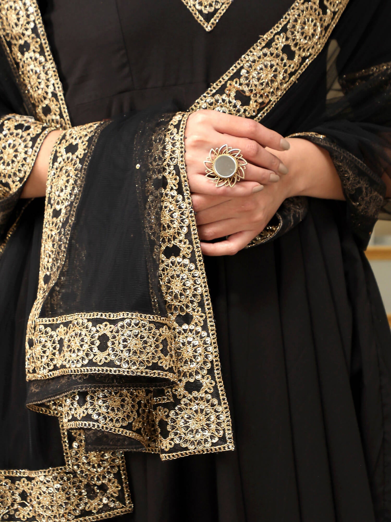 Pomcha Jaipur Black Saadgi Sunheri Lace Black Anarkali Set | Swadesiicart