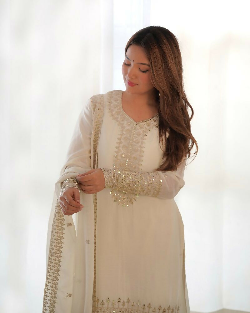 Joban Fashion White Kurta Set Silk Sequence Embroidery Work - Swadesiicart