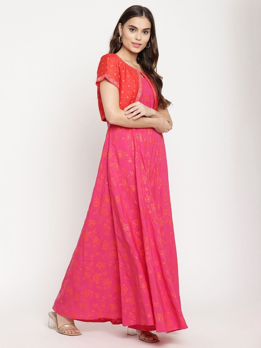 Ahalyaa Pink Crepe Orange khari Print Kurta with Jacket | Swadesiicart